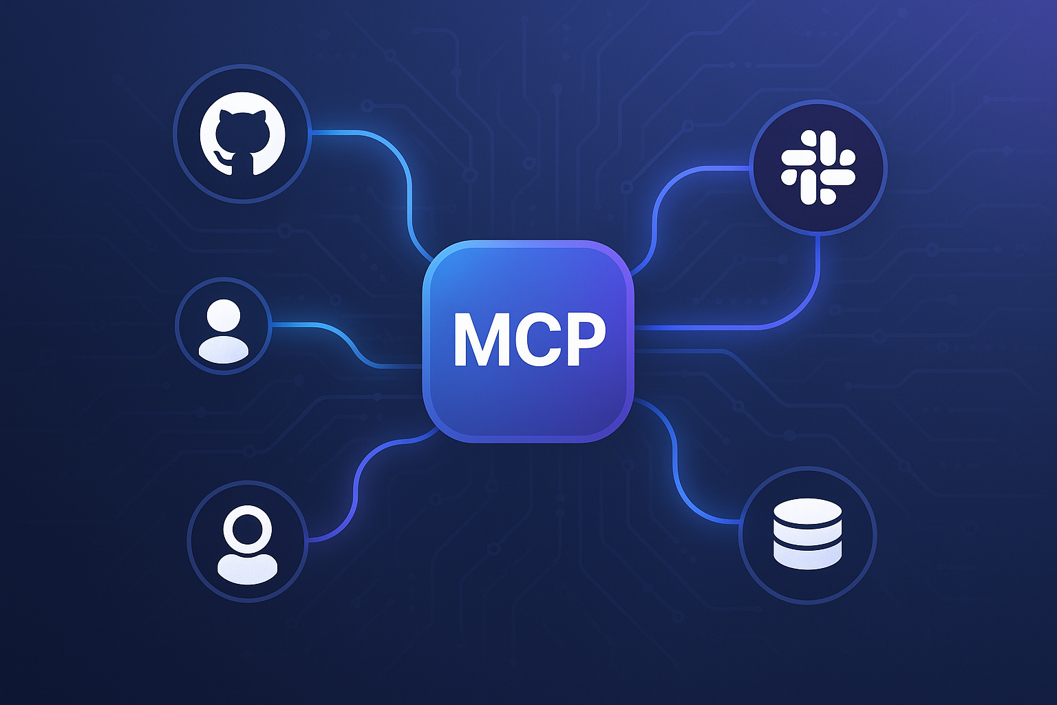 MCP hub diagram connecting external apps, users, and data sources through one server