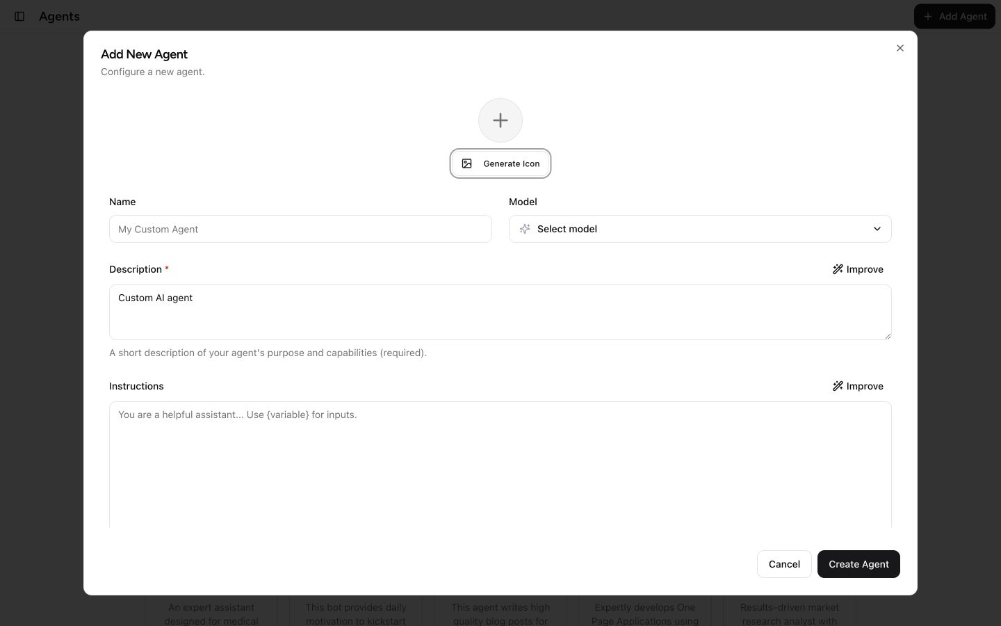 Writingmate Add New Agent form on desktop with name, model, description, instructions, and create controls