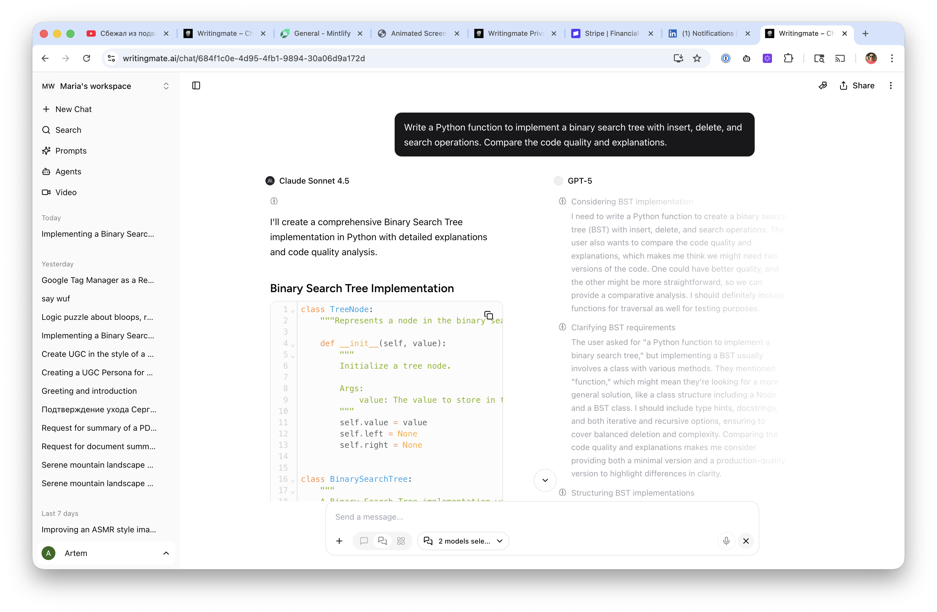 Writingmate model comparison view where paid and free models can be chosen