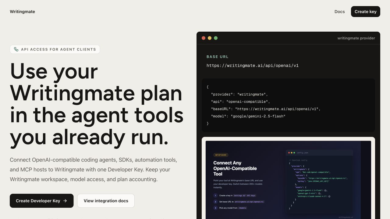 Writingmate Developer Hub on desktop showing API and integration entry points
