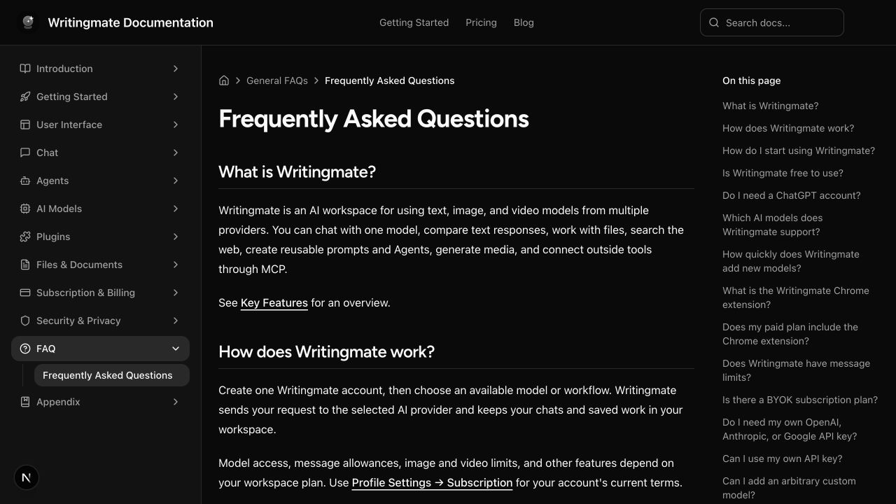 Writingmate Frequently Asked Questions documentation page on desktop