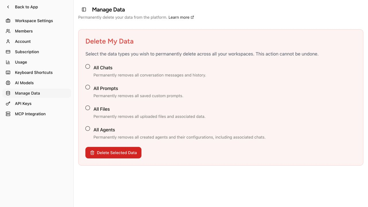 Writingmate Manage Data settings on desktop with controls for chats, prompts, files, and Agents