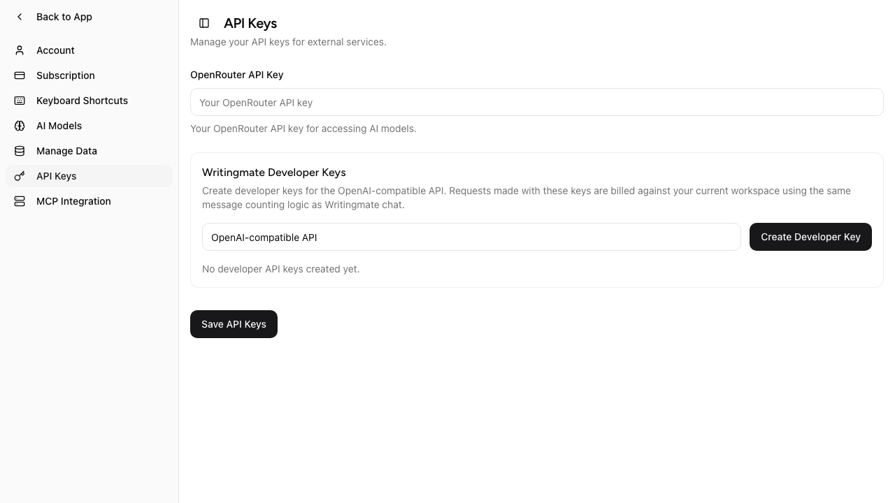 Writingmate Developer Keys settings