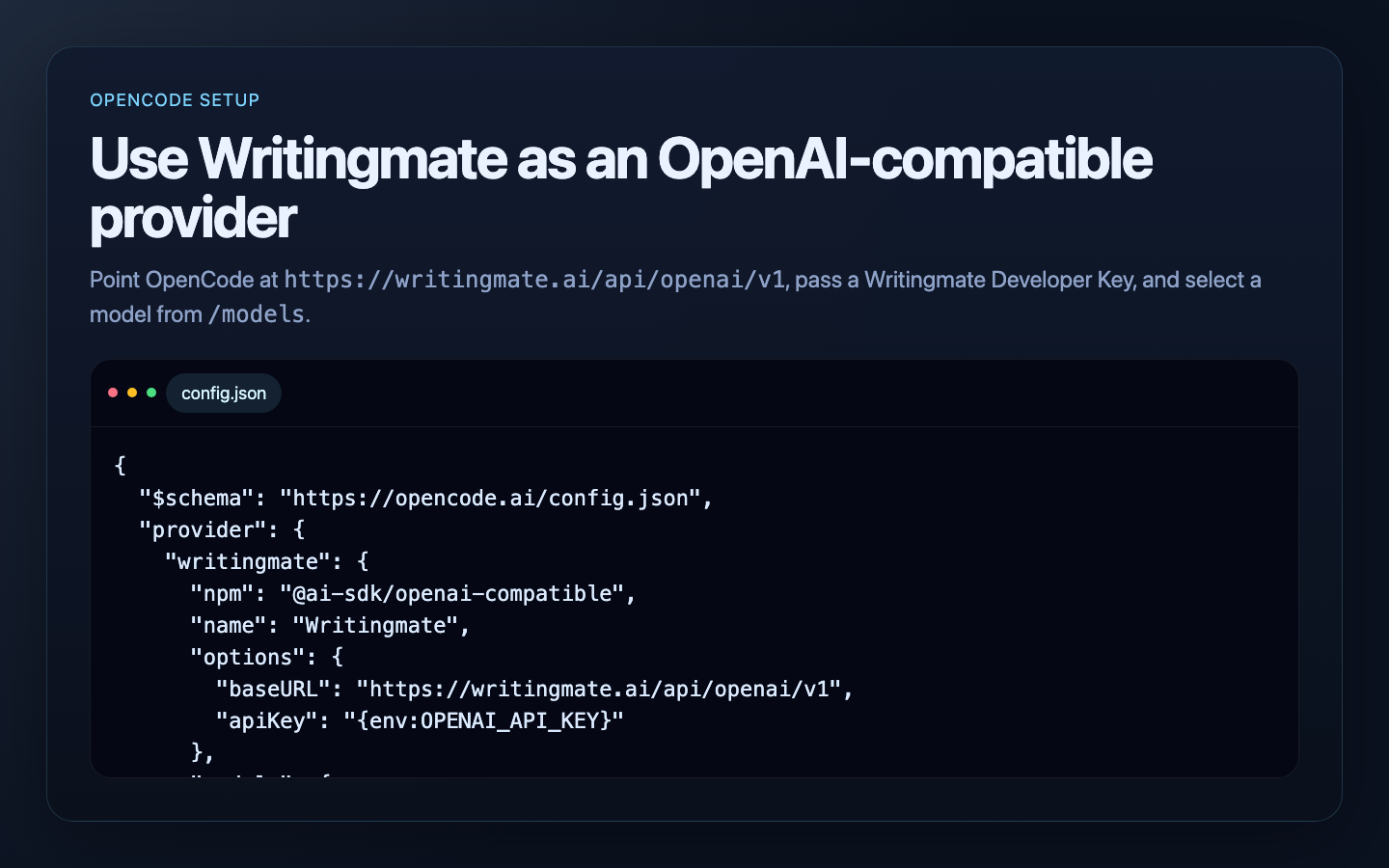 OpenCode configuration for Writingmate