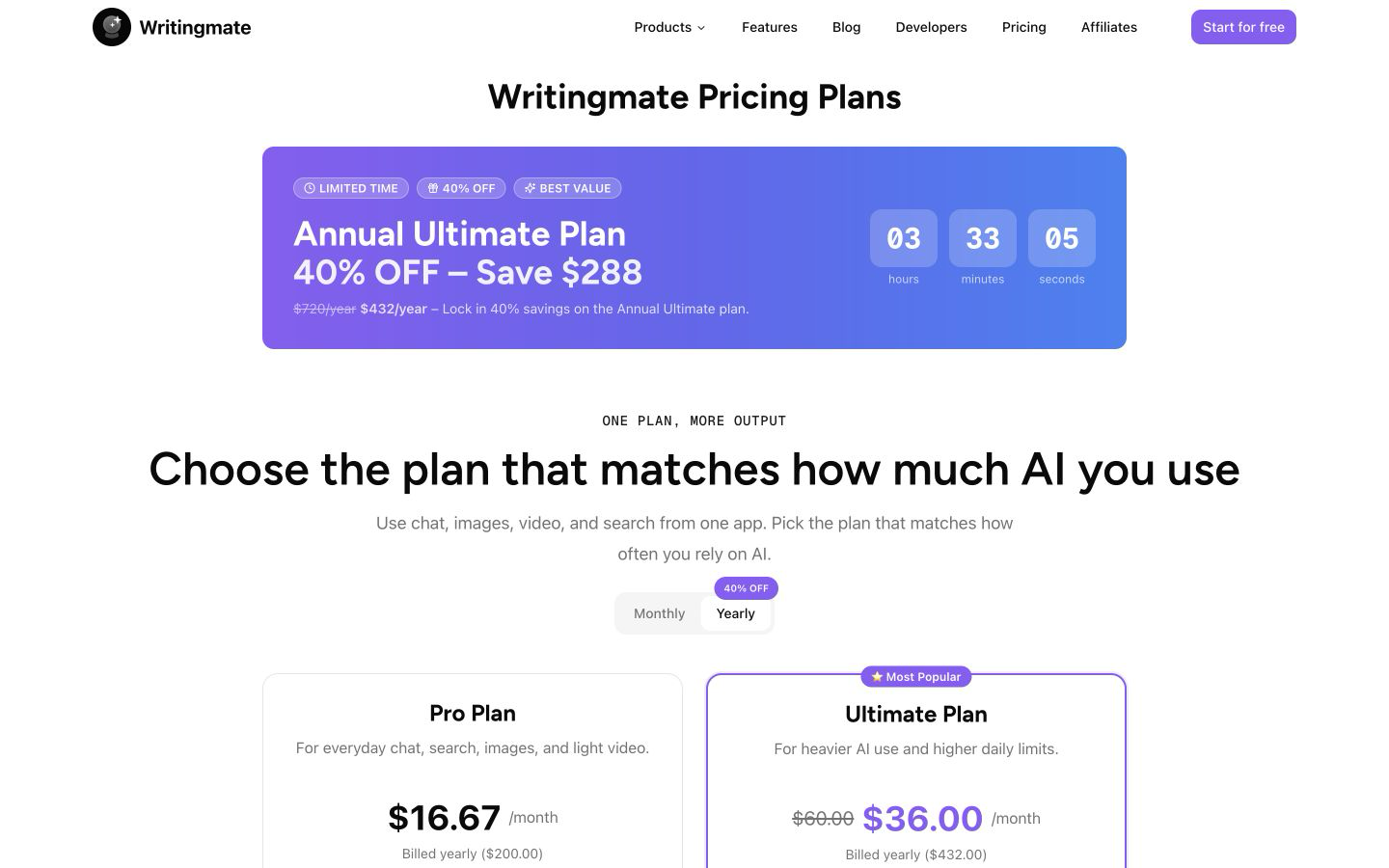 Writingmate desktop pricing page showing the current Pro and Ultimate plans