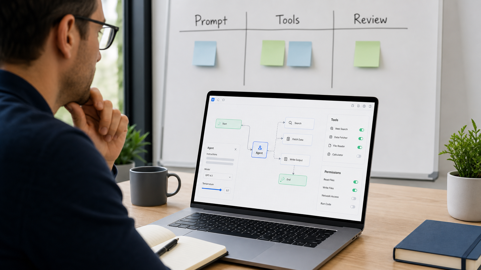 Practitioner reviewing an AI agent workflow canvas with prompt tools and review stages