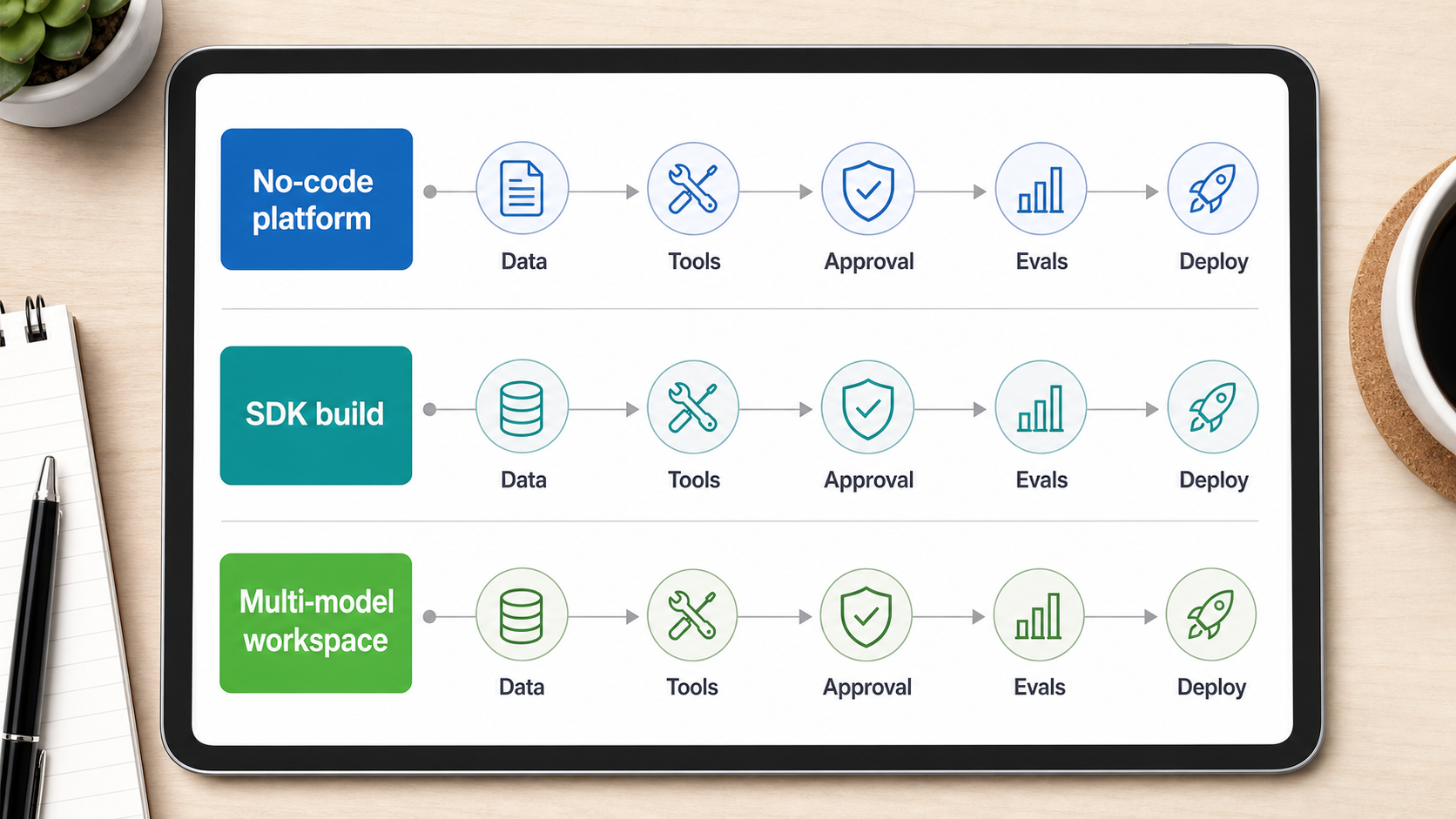 Decision map comparing no-code AI agent platforms, SDK builds, and multi-model workspaces