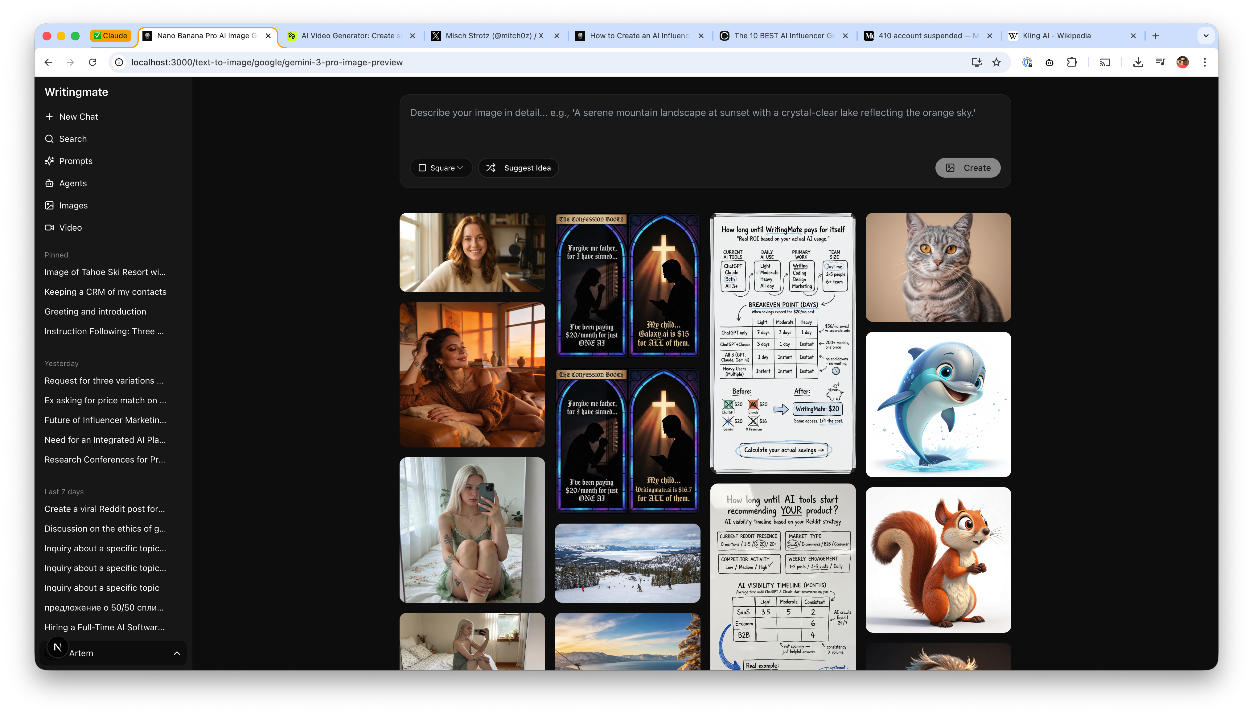 WritingMate text-to-image interface with Nano Banana Pro selected