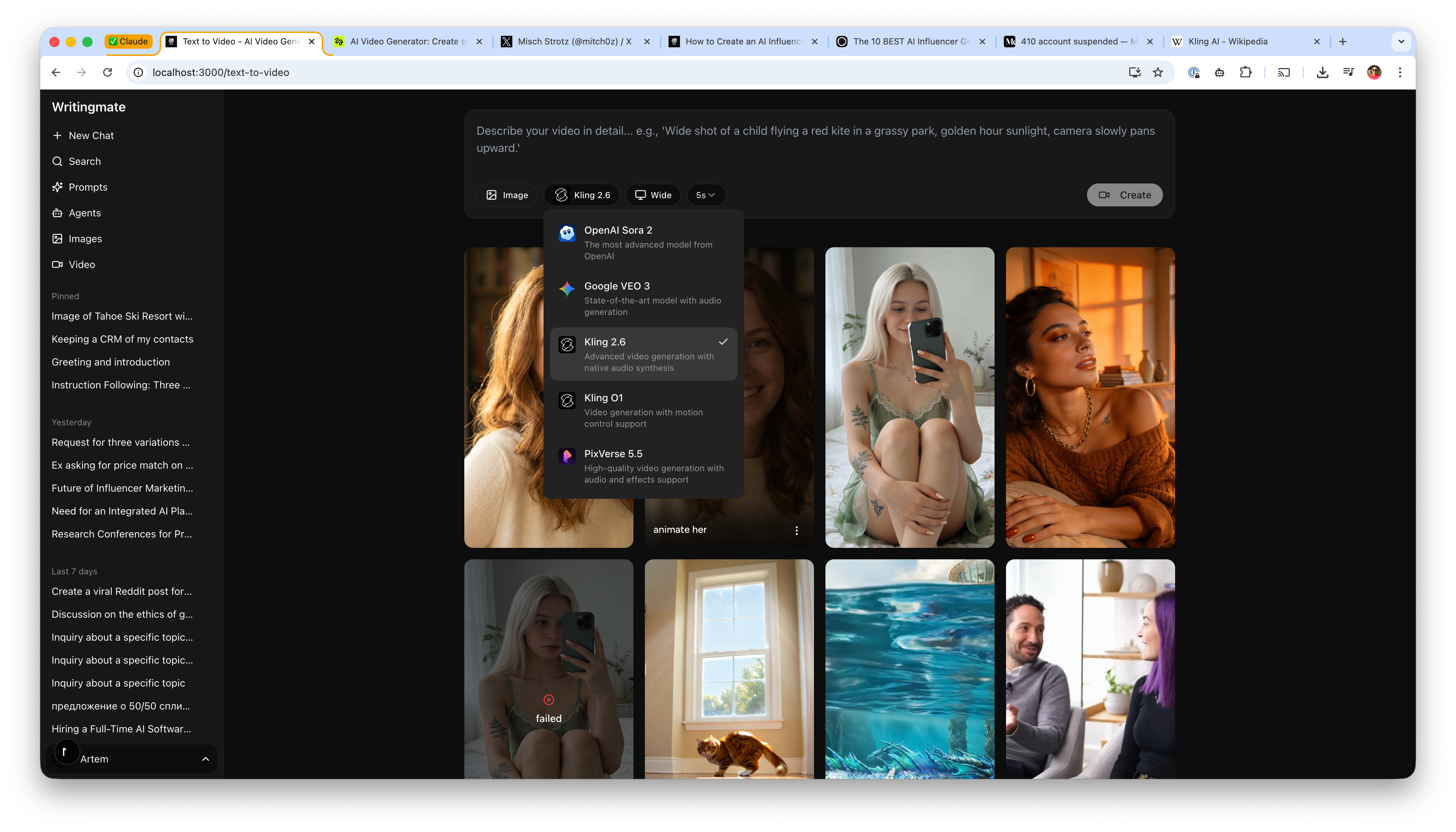 WritingMate text-to-video interface with Kling 2.6 selected