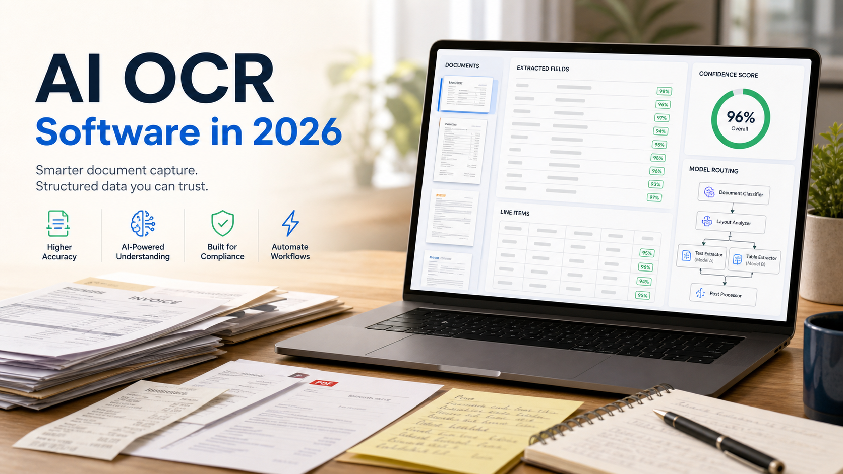 Modern AI OCR workspace extracting structured fields from invoices, receipts, PDFs, and handwritten notes