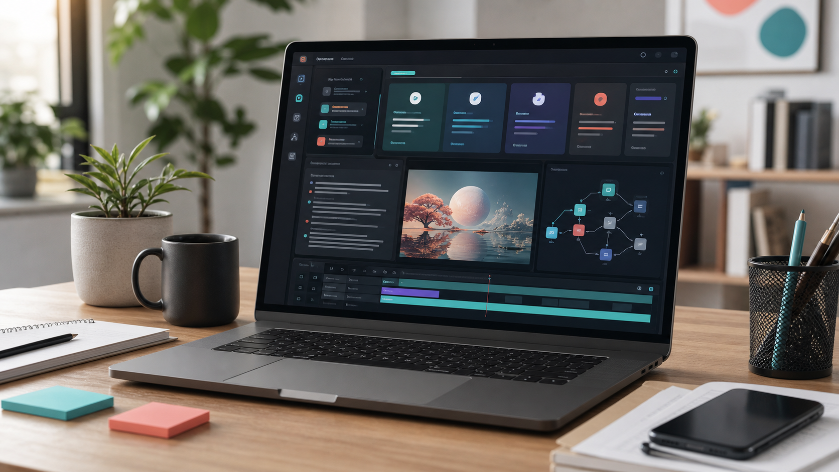 Modern AI workspace dashboard combining model comparison, research, image, video, and agent workflow panels