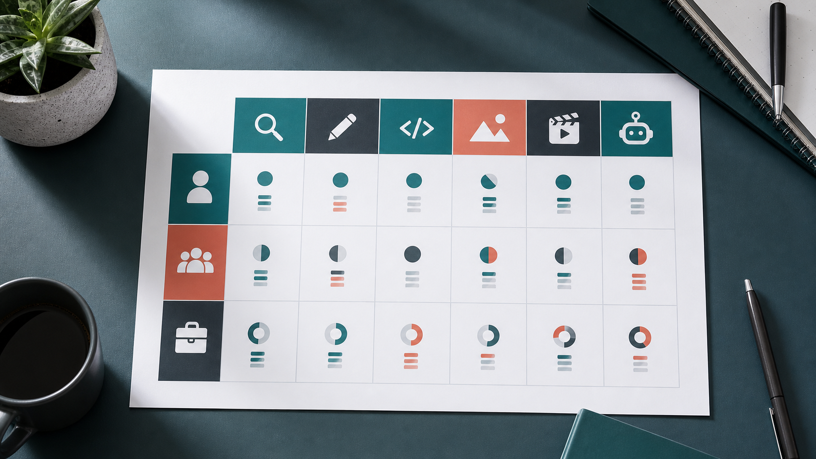 Decision matrix for choosing AI apps by research, writing, coding, images, video, and automation workflows