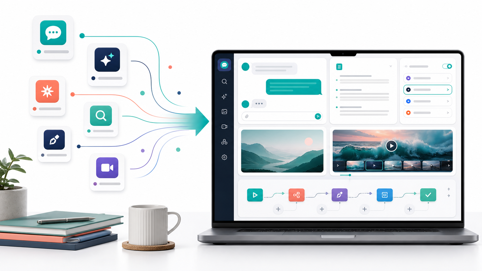 Several AI app subscriptions flowing into one unified AI workspace with chat, research, image, video, and agent panels