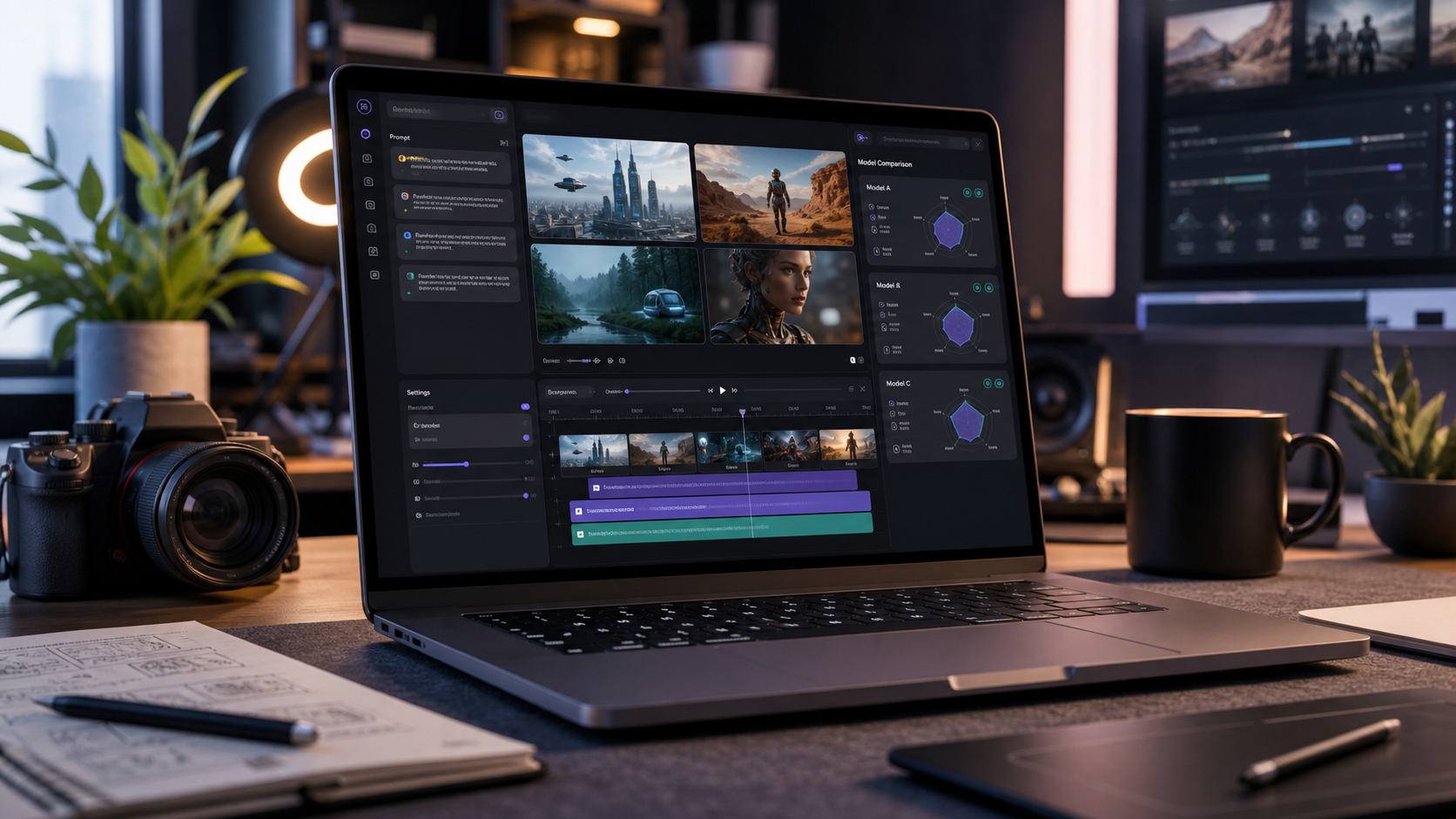Creator workspace showing an AI video generator storyboard timeline and model comparison panels