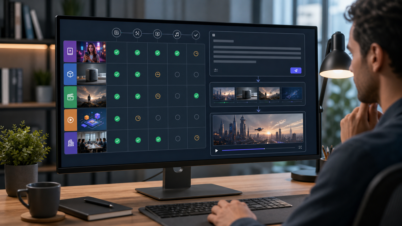 Decision matrix for AI video generator workflows across social clips, product demos, cinematic shots, and team review
