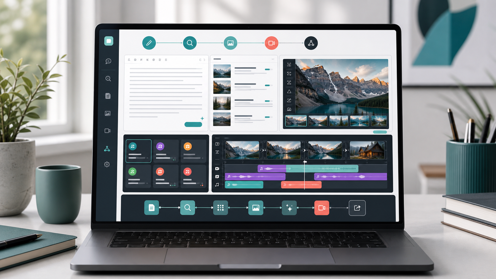 Generated Writingmate all-in-one AI workflow showing writing, research, image generation, video generation, and automation in one workspace