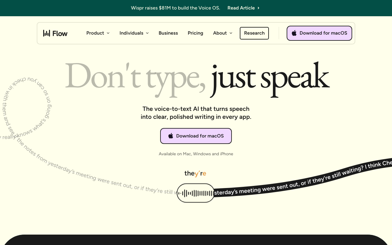 Wispr Flow app interface showing dictation in progress on Mac