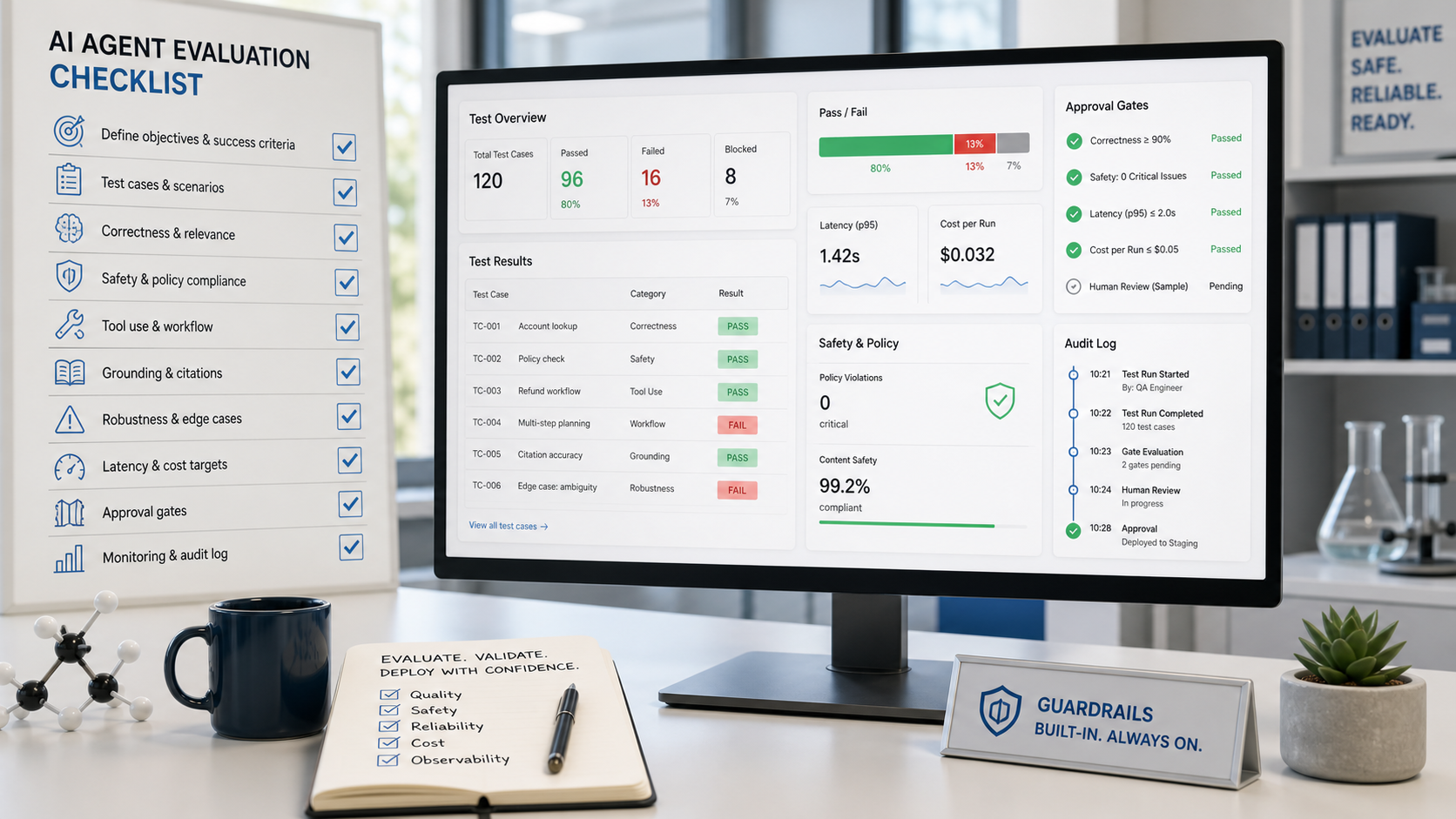 AI agent evaluation dashboard with test cases, pass rates, latency, cost, approval gates, and audit log