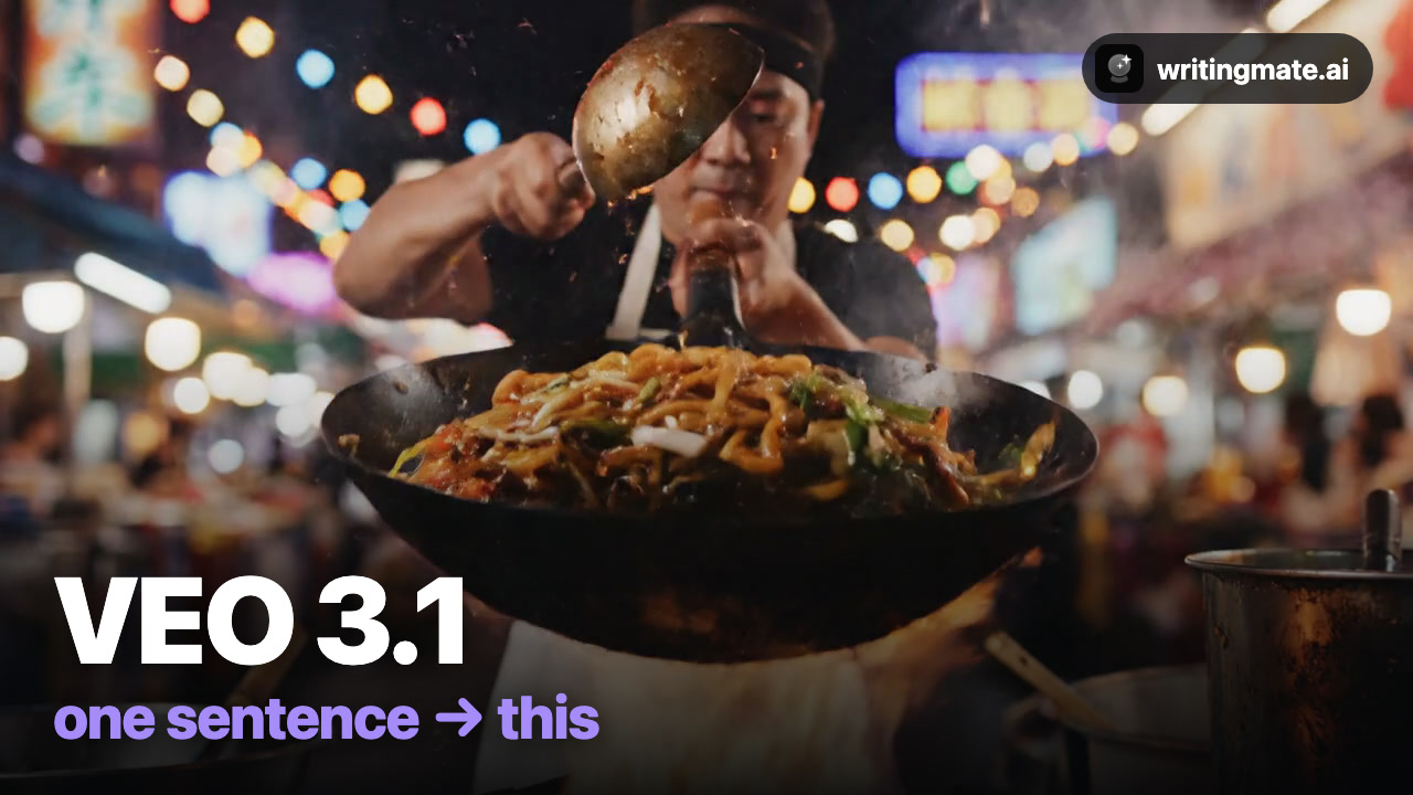 Flaming wok street food scene generated by Veo 3.1 from a single sentence
