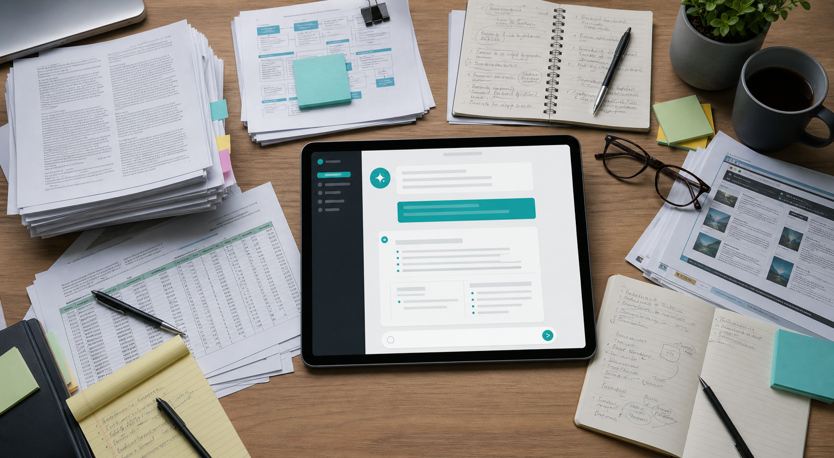 Overhead desk scene showing research notes, spreadsheets, documents, and an AI workspace synthesizing them