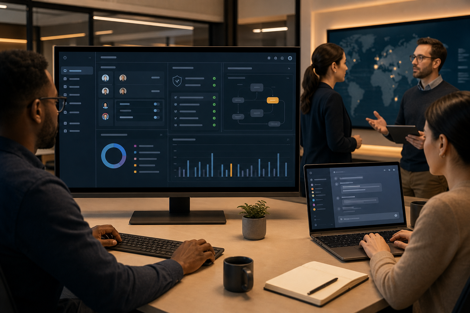 Team reviewing an enterprise AI dashboard and collaborative workspace during rollout planning